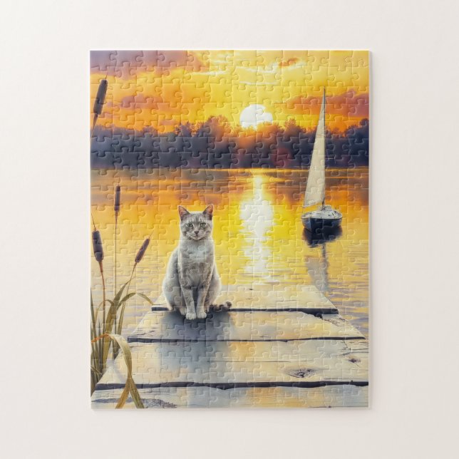 Puzzle gatito en el muelle al atardecer (Vertical)