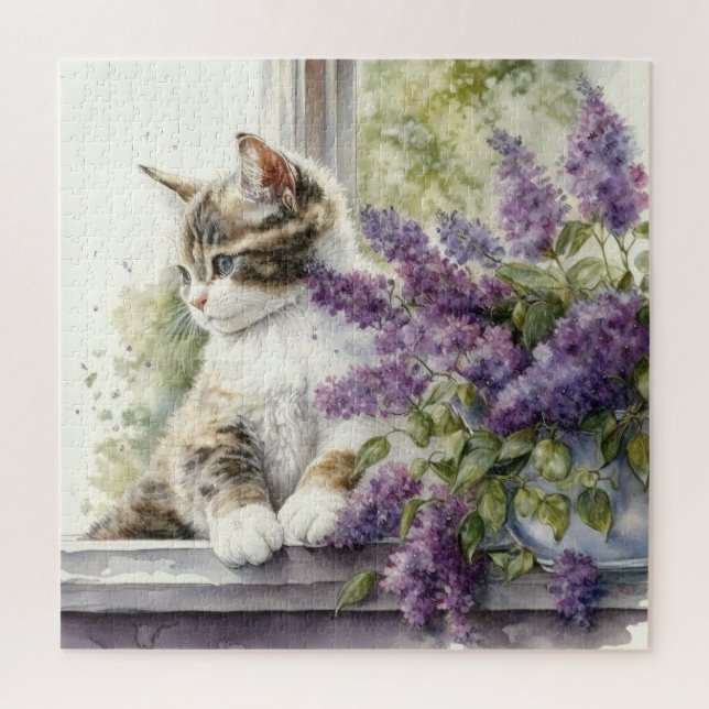 Puzzle Gatito Gato Lavanda Flores Ventana Luz del sol  (Vertical)