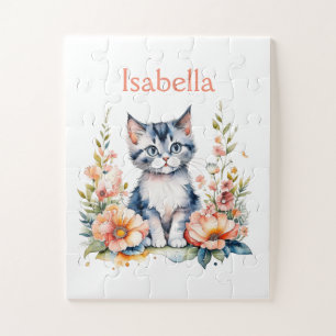 Puzzle Gatito gris personalizado en flores rosadas