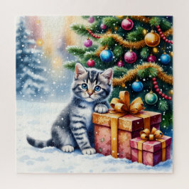 Puzzle Gatito lindo debajo del árbol de Navidad