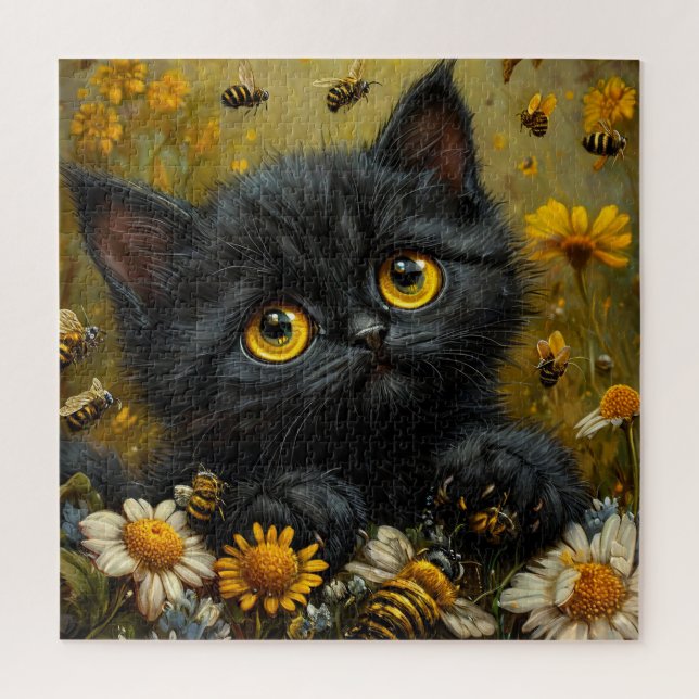 Puzzle Gatito negro adorable entre flores (Vertical)