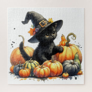 Puzzle Gatito negro de Halloween con calabazas y Gorra de