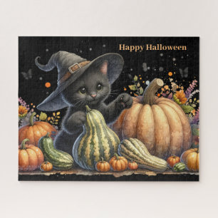 Puzzle Gatito negro de Halloween con calabazas y zapallos