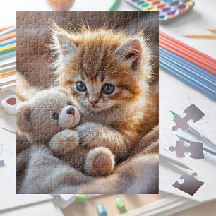 Puzzle Gatito rojo esponjoso jugando con un pequeño oso d