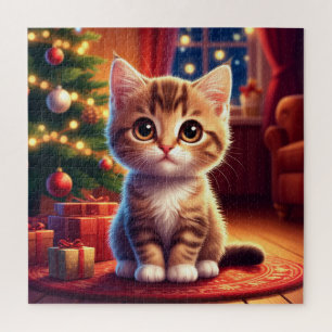 Puzzle Gatito sentado junto al árbol de Navidad brillante