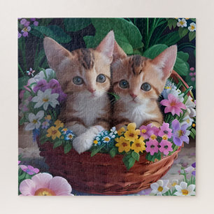 Puzzle Gatitos curiosamente curados en una cesta de flore