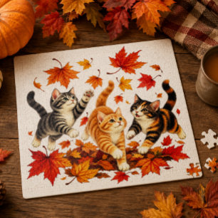 Puzzle Gatitos juguetones persiguiendo hojas de otoño
