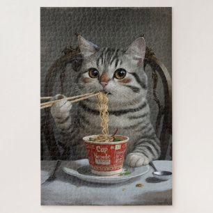 Puzzle Gato a rayas disfrutando de fideos de la copa