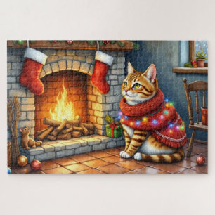 Puzzle Gato Abisinio Acogedor junto a Luces de Navidad en