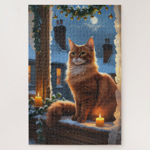 Puzzle Gato Abisinio con Luces de Navidad Fiesta