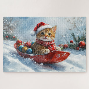 Puzzle Gato abisinio en trineo Deja que nieve Navidad