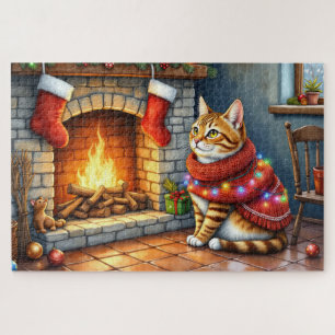 Puzzle Gato abisinio sentado junto a la chimenea en Navid