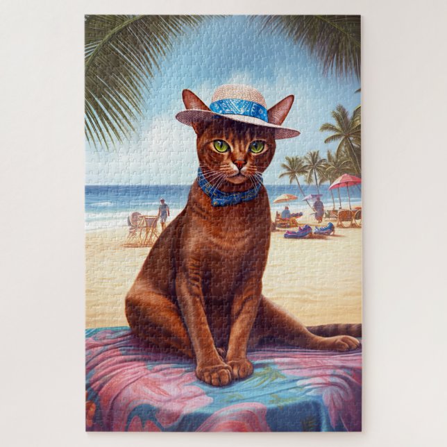 Puzzle Gato abisino en la playa, regalo de verano para el (Vertical)