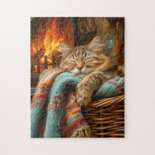 Puzzle Gato Acogedor Durmiendo en Cesta junto a Caliente 