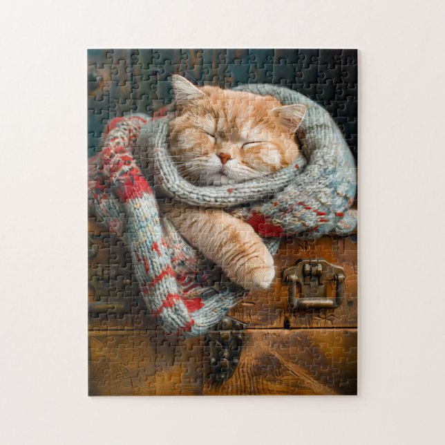 Puzzle Gato acogedor durmiendo en una caja de madera (Vertical)