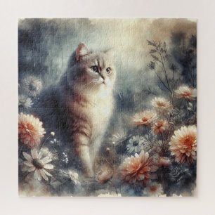 Puzzle Gato acuarela y floral