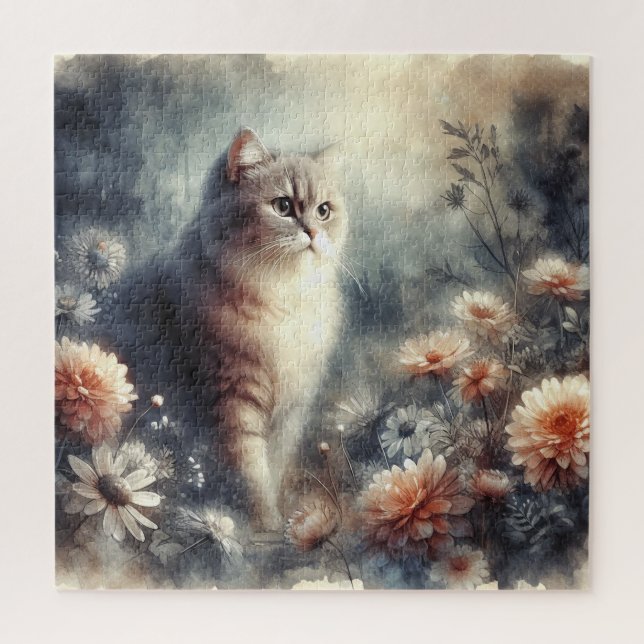 Puzzle Gato acuarela y floral  (Vertical)
