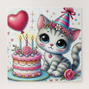 Puzzle Gato Adorable Celebrando Cumpleaños con Tarta