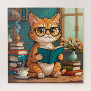 Puzzle Gato Adorable con gafas leyendo un libro