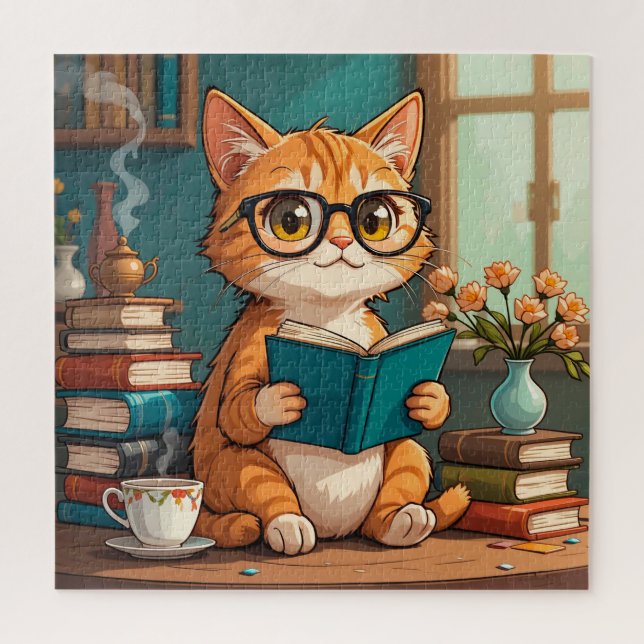 Puzzle Gato Adorable con gafas leyendo un libro (Vertical)