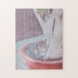 Puzzle gato al aire libre durmiendo arte digital acuarela
