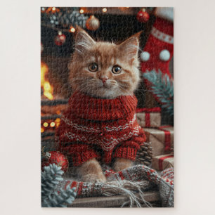 Puzzle Gato Angora Turco con chimenea de regalos de Navid
