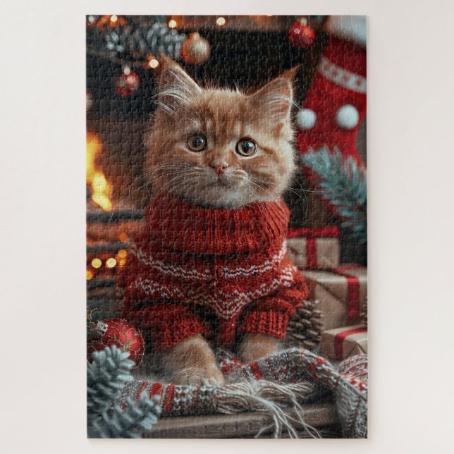 Puzzle Gato Angora Turco con chimenea de regalos de Navid (Vertical)