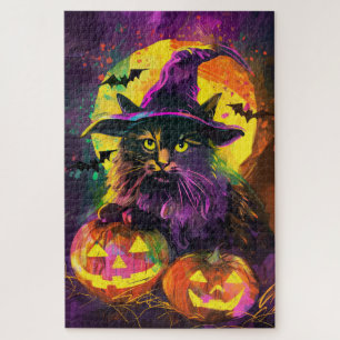 Puzzle Gato Angora Turco Espeluznante de Halloween Bruja 