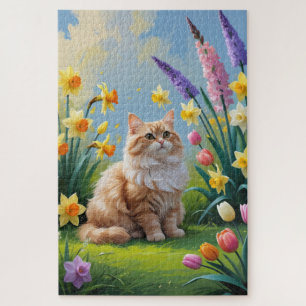 Puzzle Gato Angora Turco Pintura de Flores de Primavera