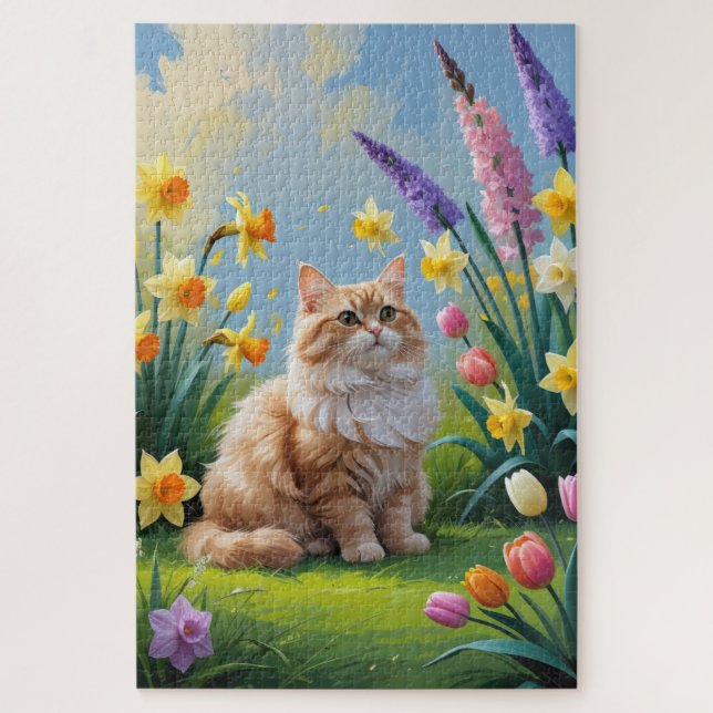 Puzzle Gato Angora Turco Pintura de Flores de Primavera (Vertical)