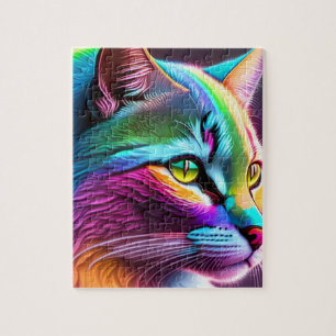 Puzzle Gato arco iris con luces de neón, gato colorido