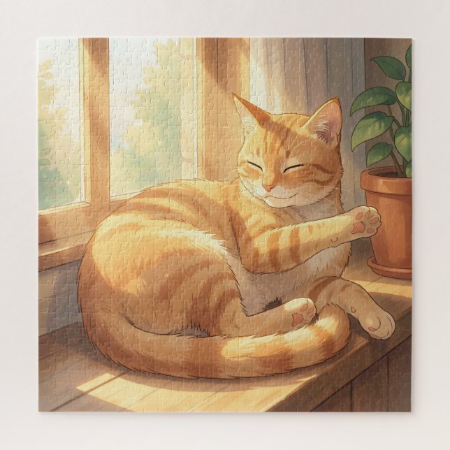 Puzzle Gato Atigrado Gengibre Acogedor Tomando el Sol  (Vertical)