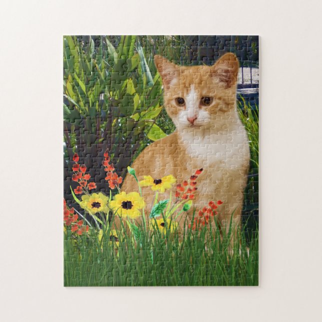 Puzzle Gato atigrado naranja en jardín de flores  Amantes (Vertical)