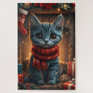 Puzzle Gato Azul Oriental con Chimenea de Regalo de Navid