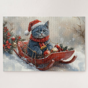 Puzzle Gato Azul Oriental en Trineo Deja que Nieve Navida