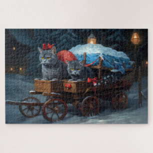 Puzzle Gato Azul Oriental Nieve Trineo Decoración Navidad
