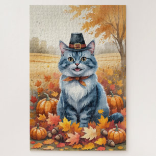 Puzzle Gato Azul Ruso Arte de Hojas de Otoño Día de Acció