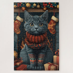 Puzzle Gato Azul Ruso con regalos de Navidad Chimenea