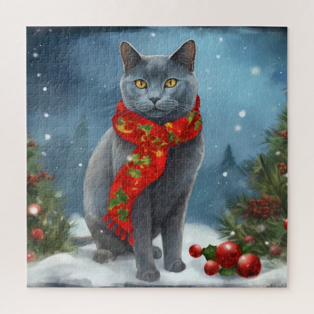 Puzzle Gato azul ruso en Navidades de nieve (Vertical)