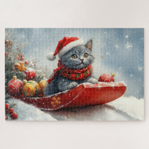 Puzzle Gato Azul Ruso en Trineo Deja que Nieve Navidad