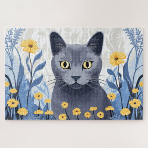 Puzzle Gato Azul Ruso Flores Amarillas