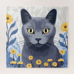 Puzzle Gato Azul Ruso Flores Amarillas