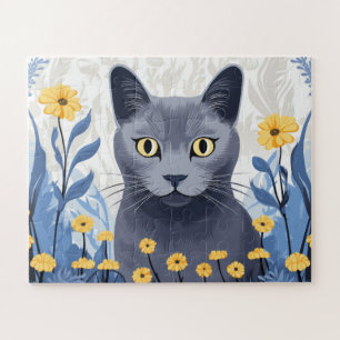 Puzzle Gato Azul Ruso Flores Amarillas