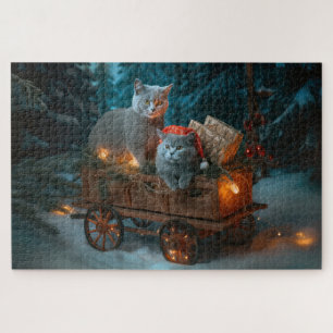 Puzzle Gato Azul Ruso Trineo Nevado Decoración Navidad