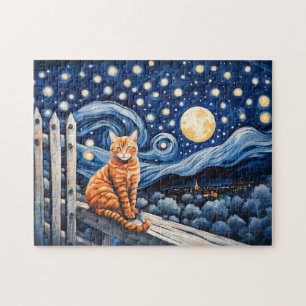 Puzzle Gato bajo acuarela de noche estrellada