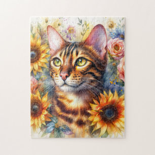 Puzzle Gato Bengal Acuarela Floral