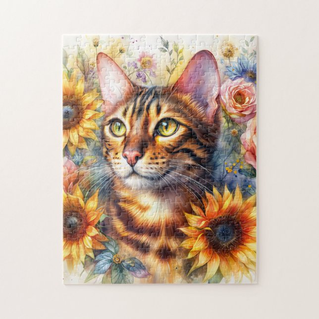 Puzzle Gato Bengal Acuarela Floral (Vertical)