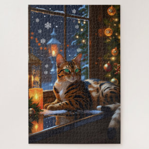 Puzzle Gato Bengal con Luces de Navidad Fiesta