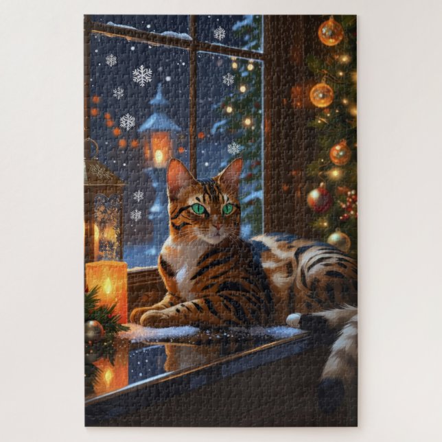 Puzzle Gato Bengal con Luces de Navidad Fiesta (Vertical)