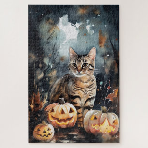Puzzle Gato Bengal de Halloween con calabazas aterradoras